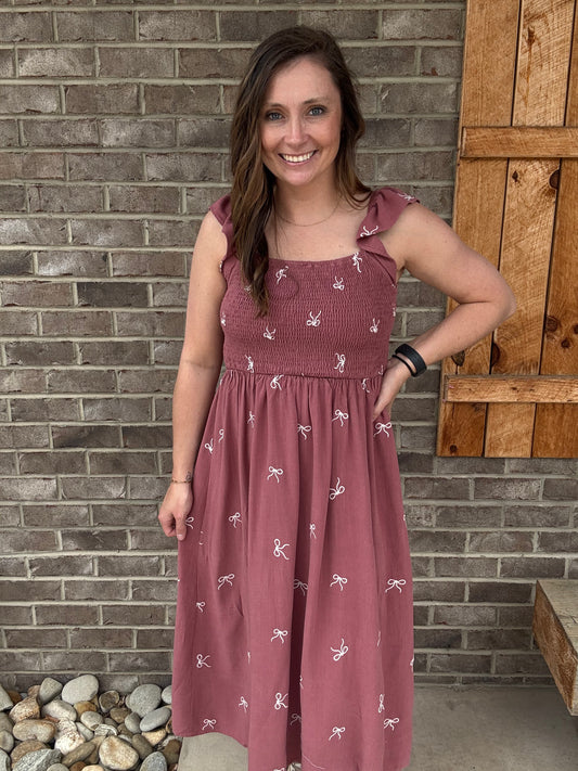 Rose Mauve Linen Bow Smocked Chest Dress by Umgee