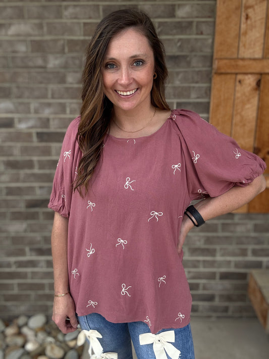 Rose Mauve Pink Bow Linen Short Sleeve Top by Umgee