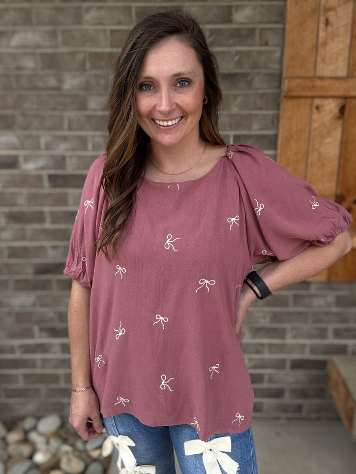 Rose Mauve Pink Bow Linen Short Sleeve Top by Umgee