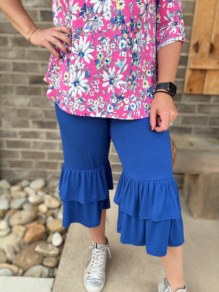 Royal Blue Solid Ruffle Cropped Pants