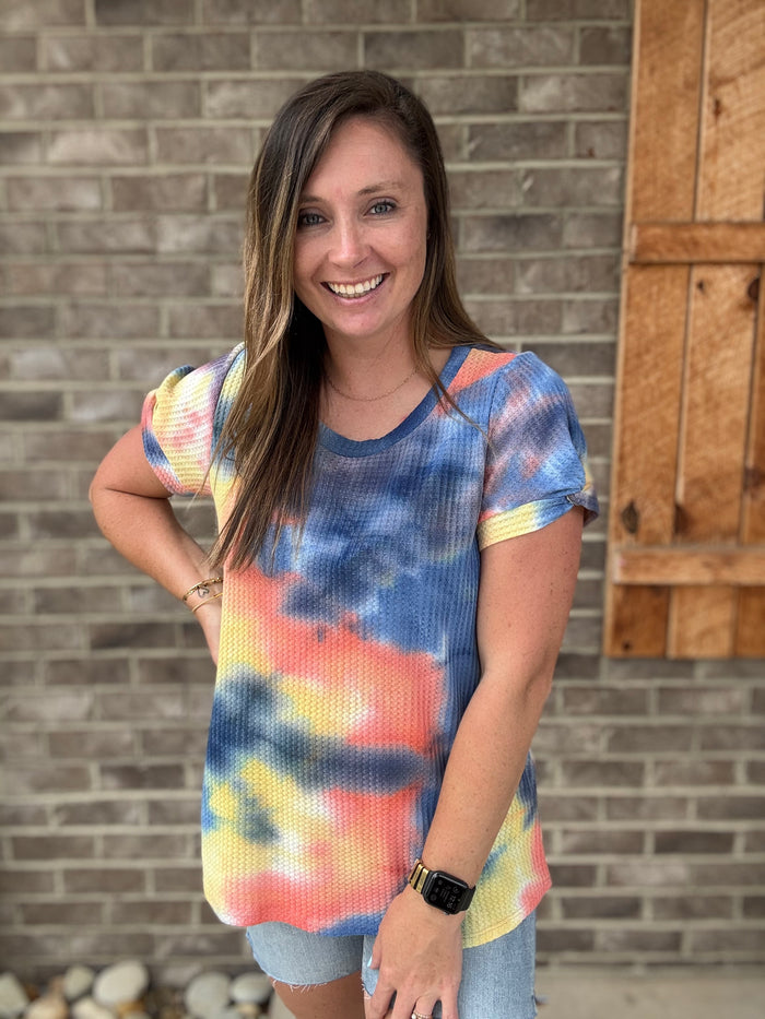 Royal Coral and Banana Tie Dye Short Sleeve Waffle Top