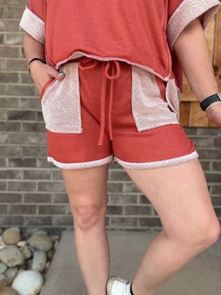 Rust Loop Terry Contrast Pocket Shorts by J. Her