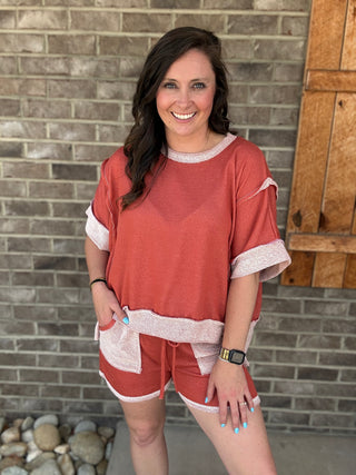 Rust Loop Terry Contrast Pocket Shorts by J. Her