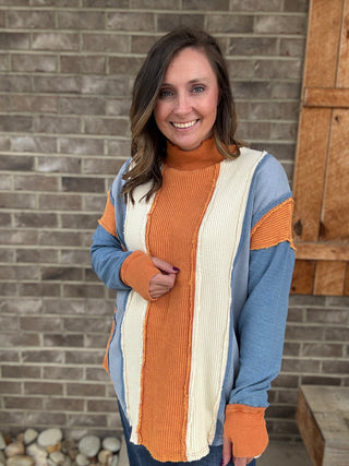 Rust Mix Color Block Funnel Neck Pullover Top by Oli & Hali