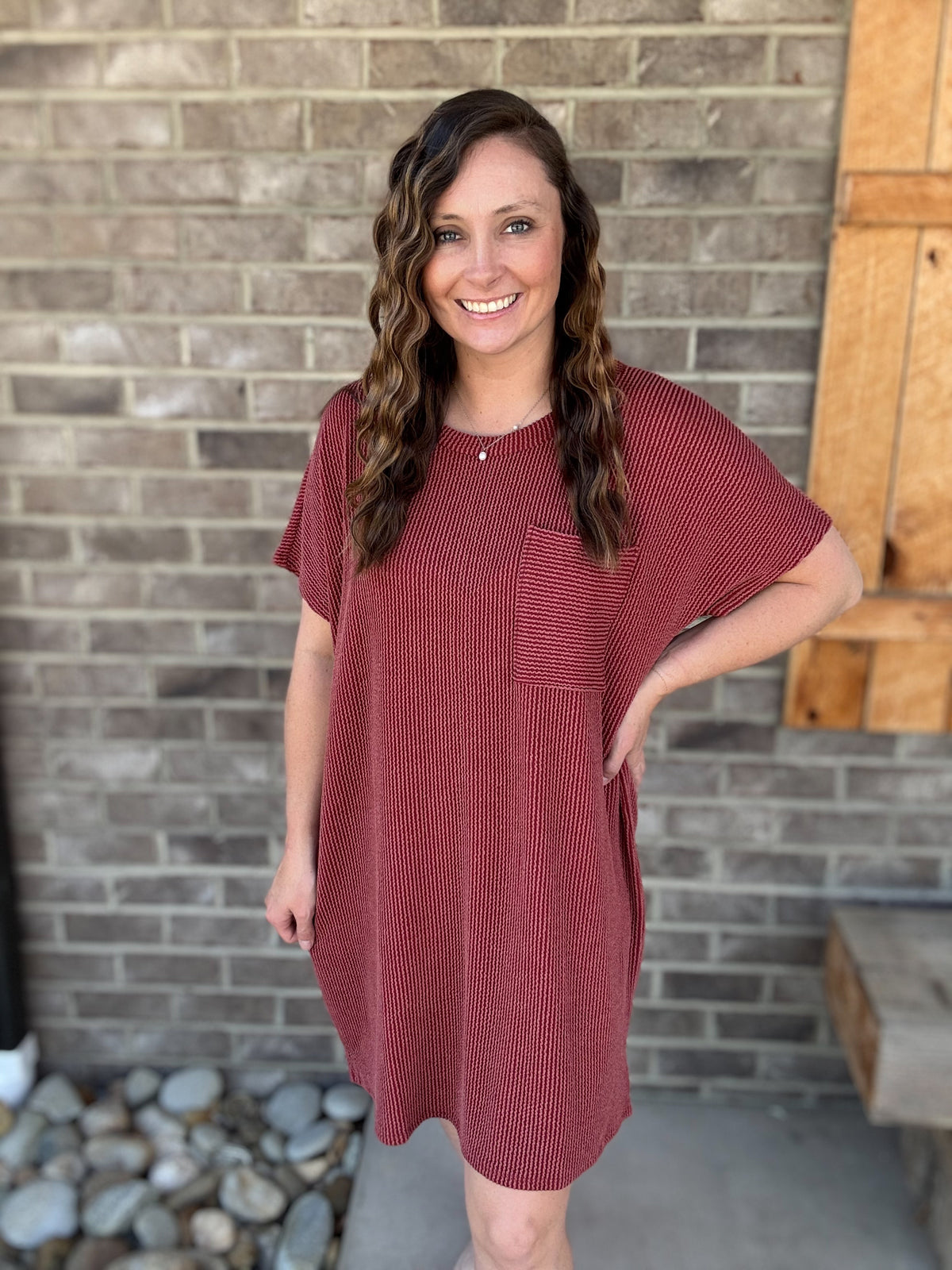 Rust Ribbed Front Pocket Short Sleeve Dress