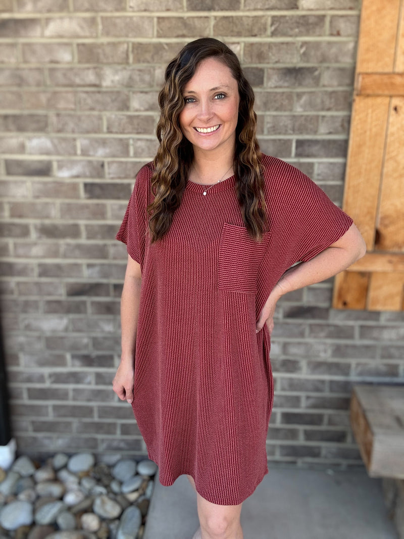 Rust Ribbed Front Pocket Short Sleeve Dress