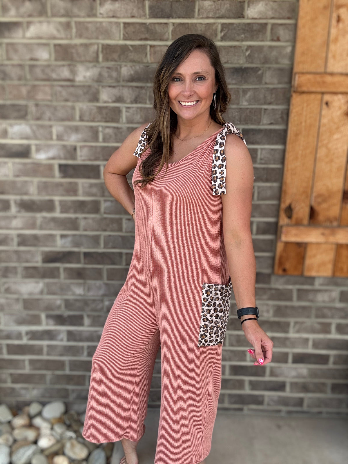 Rust Ribbed Sleeve Jumpsuit w/ Leopard Detail