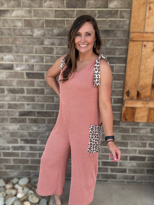 Rust Ribbed Sleeve Jumpsuit w/ Leopard Detail