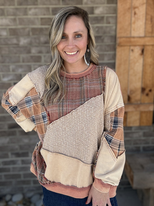 3780- Rust & Cream Washed Plaid Mix Patchwork Crewneck Top