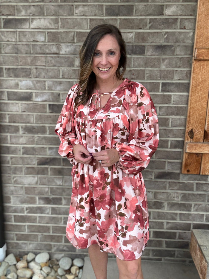 Rust V-Neck Floral Print Shift Dress w/ Yoke Detail by Haptics