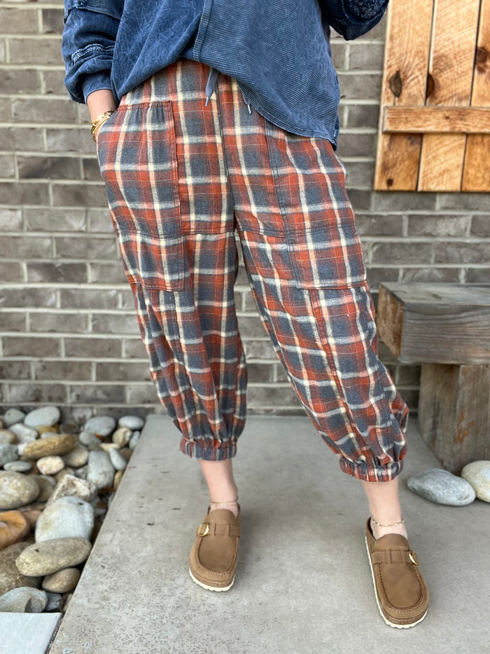 Rust and Gray Mineral Washed Plaid Jogger Pants by Easel