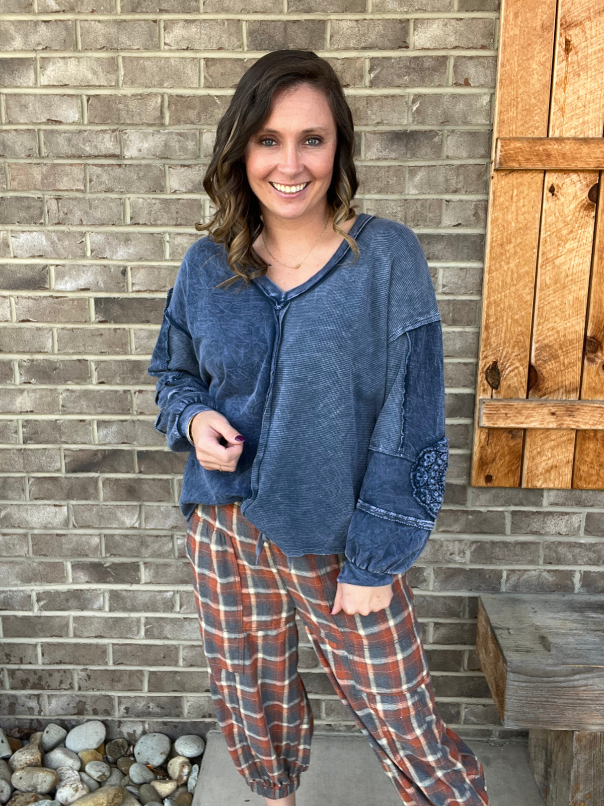 Rust and Gray Mineral Washed Plaid Jogger Pants by Easel