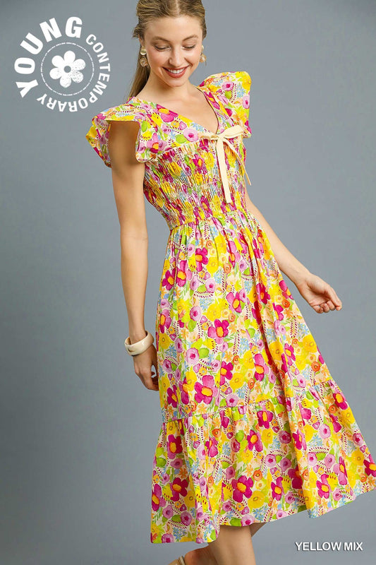 Yellow Mix Smocked Floral Midi Dress by Umgee