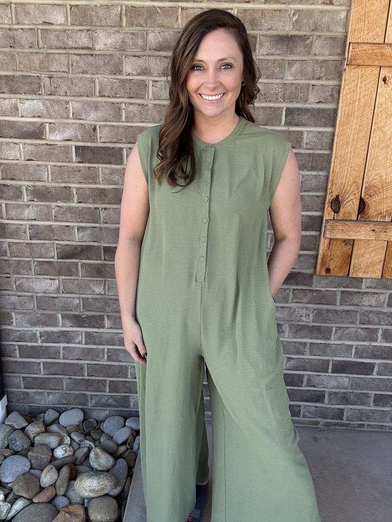 Sage Sleeveless Half Button Down Jumpsuit by Umgee