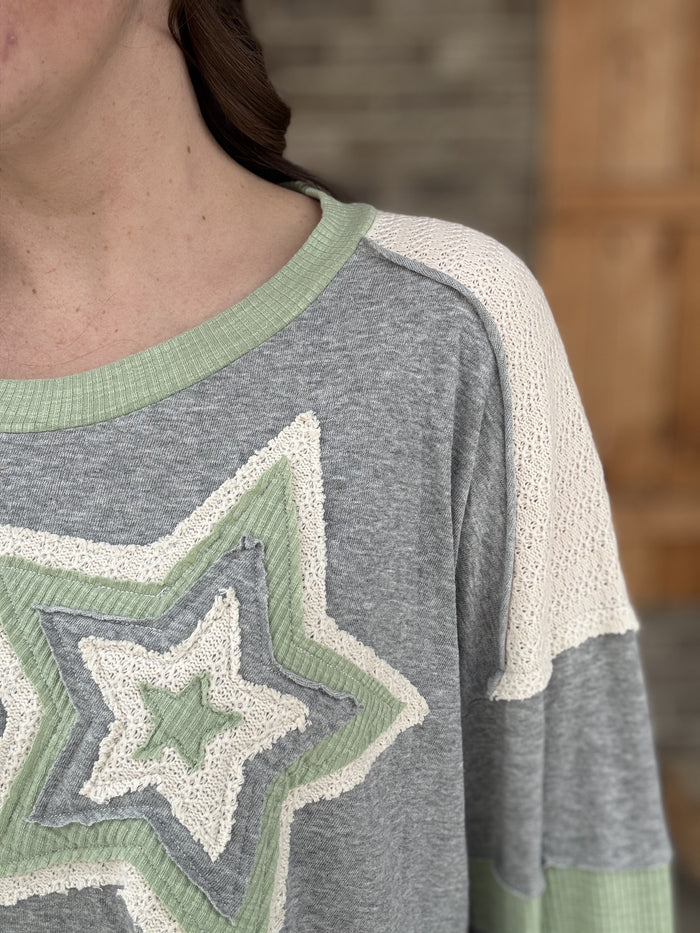 2825- Sage Star Patchwork Crop Long Sleeve Top by POL