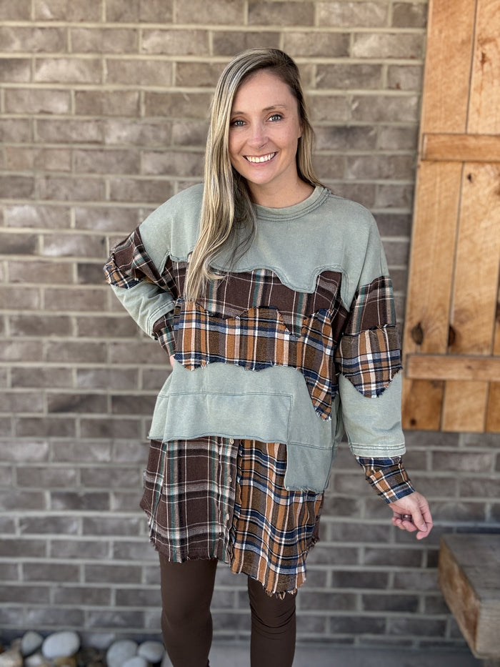 3506- Sage Washed Plaid Patchwork Tunic Top