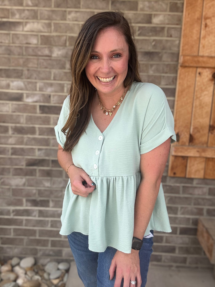 Sage Green Textured Peplum Button-Up Blouse by Sage + Fig
