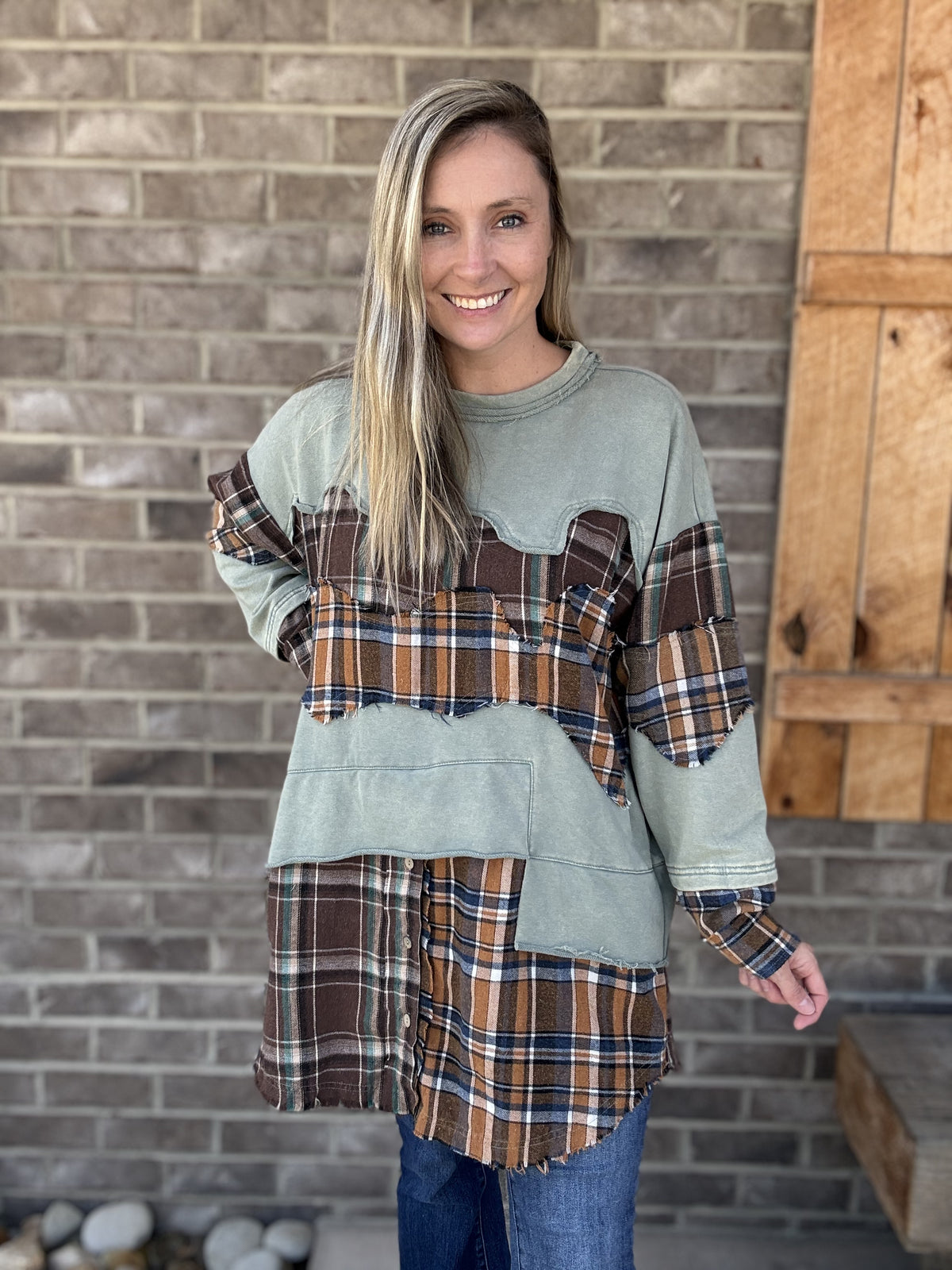 3506- Sage Washed Plaid Patchwork Tunic Top