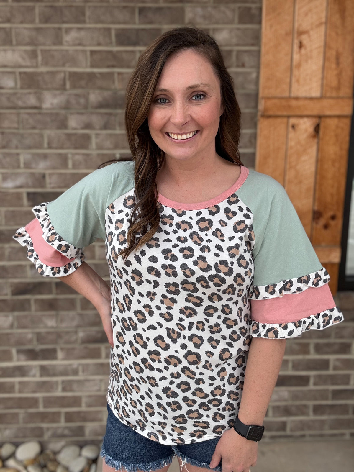 Sage and Pink Leopard Ruffle Sleeve Short Sleeve Top