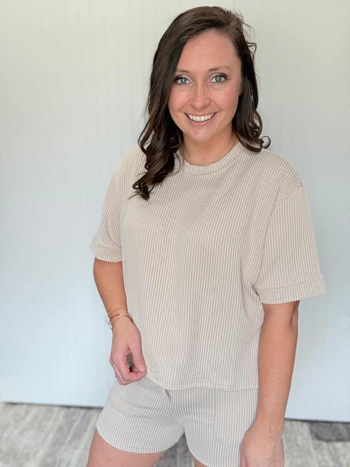 Sand Raised Rib Tee & Shorts Set by Zenana
