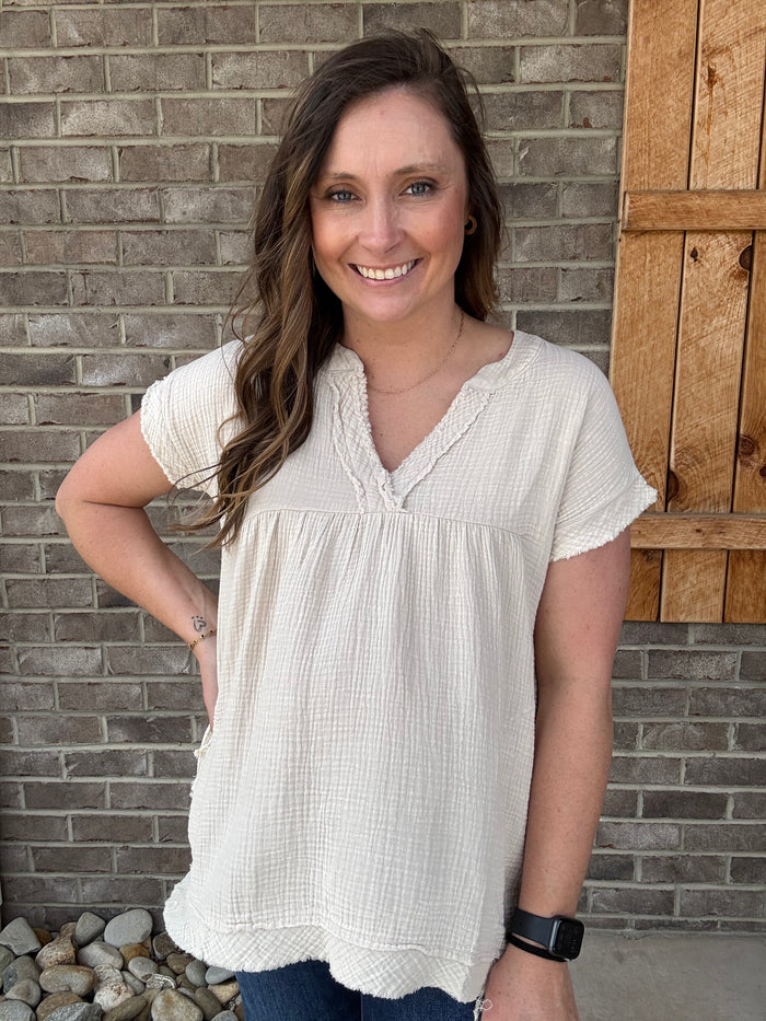 Sand Beige Washed Gauze Raw Edge Short Sleeve Top