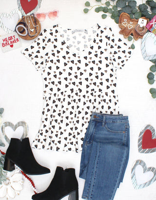 PREBOOK Sarah Ruffle Short Sleeve Top - Monochrome Hearts