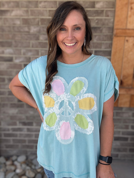 Sea Blue Flower Patch Short Sleeve Top by Easel