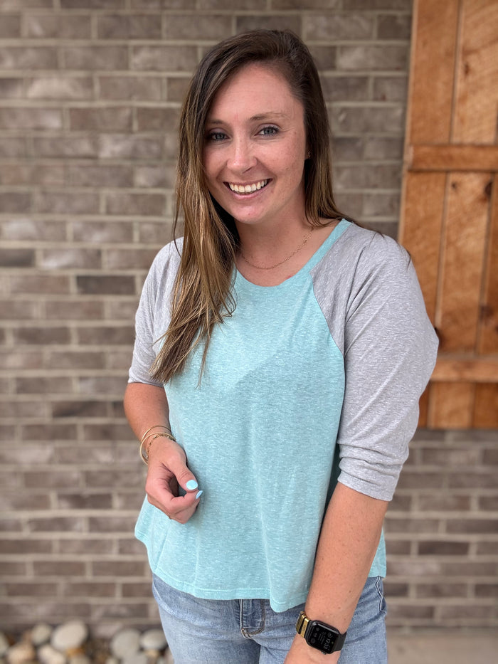 Seafoam and Gray Jersey 3/4 Length Sleeve Top