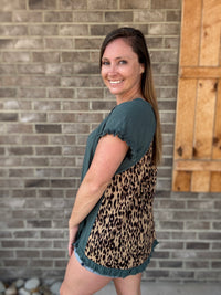 Seaweed Linen Short Sleeve Top w/ Leopard Back Detail by Umgee