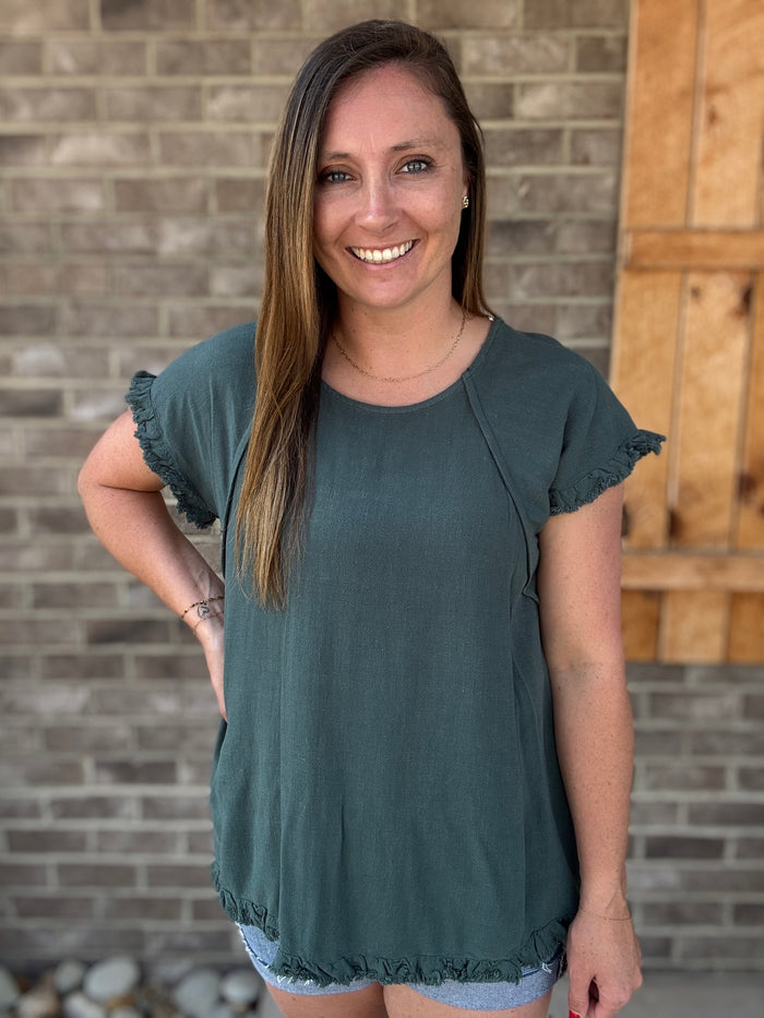 Seaweed Linen Short Sleeve Top w/ Leopard Back Detail by Umgee