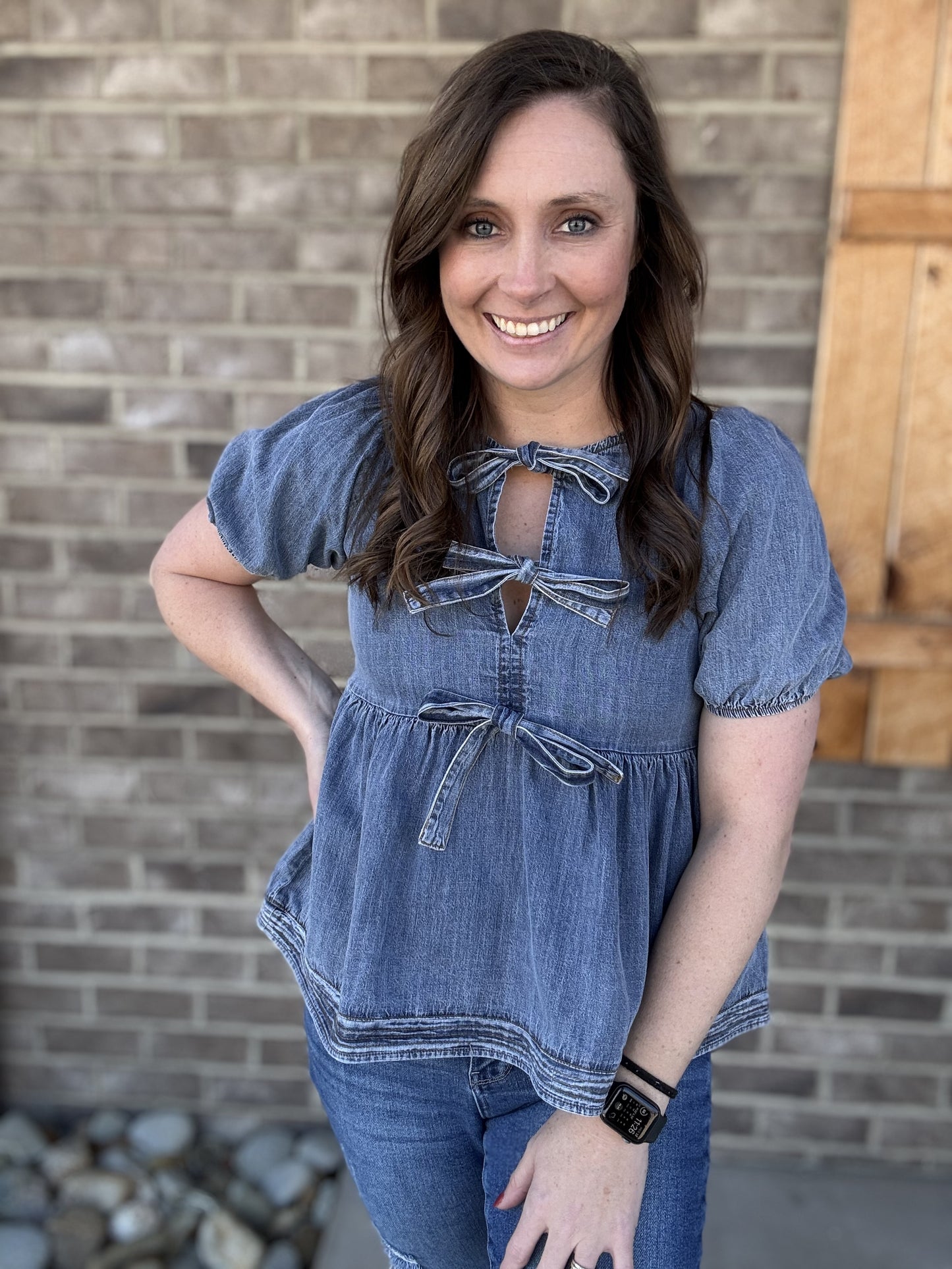 Denim Short Puff Sleeve Washed Blouse w/ Front Bow Ties