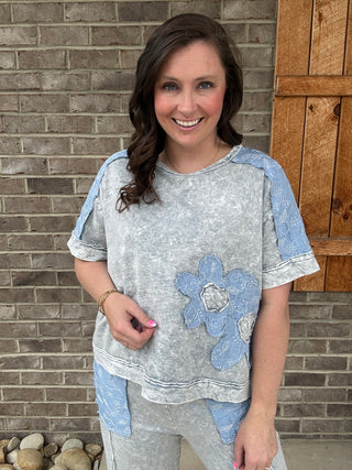 Silver Grey Mineral Washed Denim Flower Patched Blouse Top by J. Her