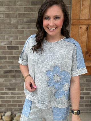 Silver Grey Mineral Washed Denim Flower Patched Blouse Top by J. Her
