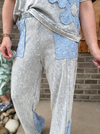 Silver Grey Mineral Washed Floral Denim Pants by J. Her