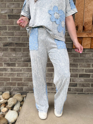 Silver Grey Mineral Washed Floral Denim Pants by J. Her