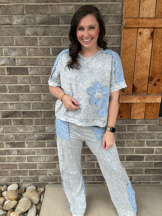 Silver Grey Mineral Washed Floral Denim Pants by J. Her