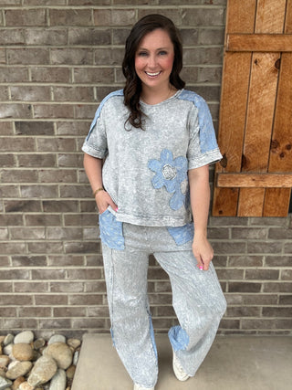 Silver Grey Mineral Washed Floral Denim Pants by J. Her