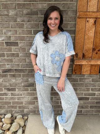 Silver Grey Mineral Washed Floral Denim Pants by J. Her