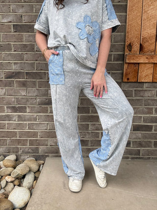Silver Grey Mineral Washed Floral Denim Pants by J. Her