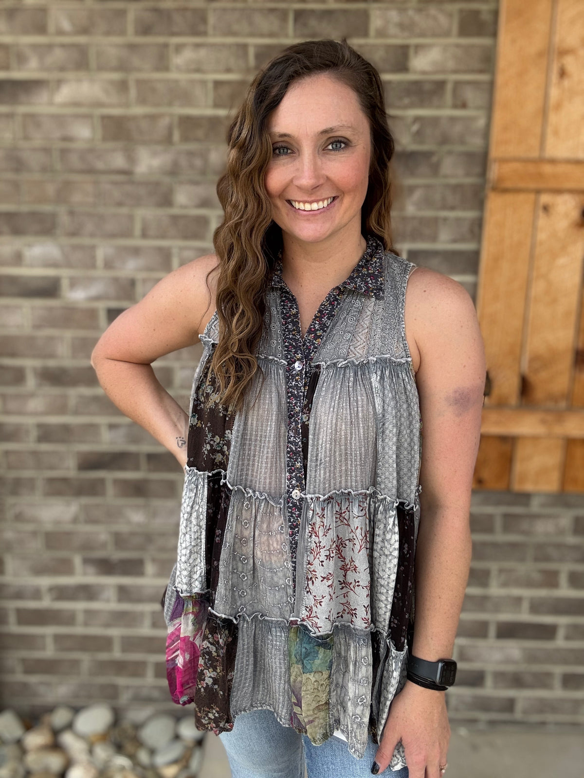Slate Boho Chic Patchwork Buttondown Top by Young Threads