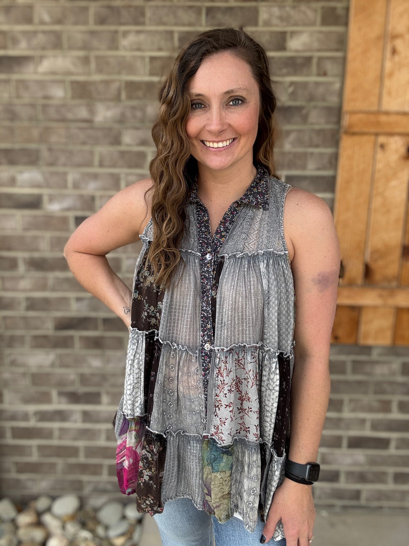 Slate Boho Chic Patchwork Buttondown Top by Young Threads