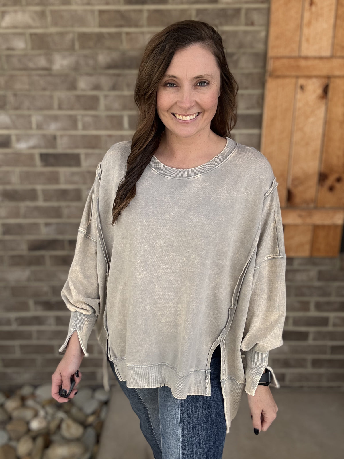 3373-Sleet French Acid Wash Terry Oversized Top w/ Exposed Seam Detail