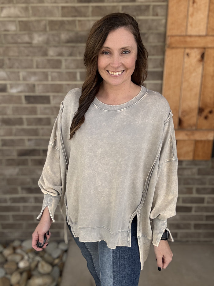 3373-Sleet French Acid Wash Terry Oversized Top w/ Exposed Seam Detail
