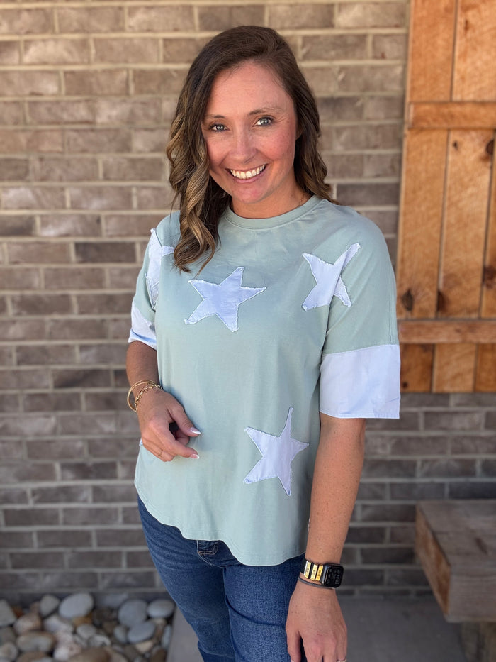 Smoke Green Frayed Star Denim Patchwork Oversize T Shirt