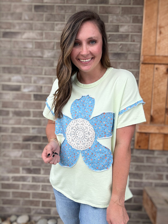 Soft Lime Cotton French Terry Flower Patched Top – by J. Her