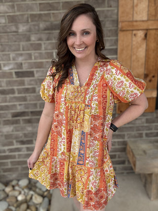 Spring Mix Patchwork Print Smocked Mini Dress by Umgee