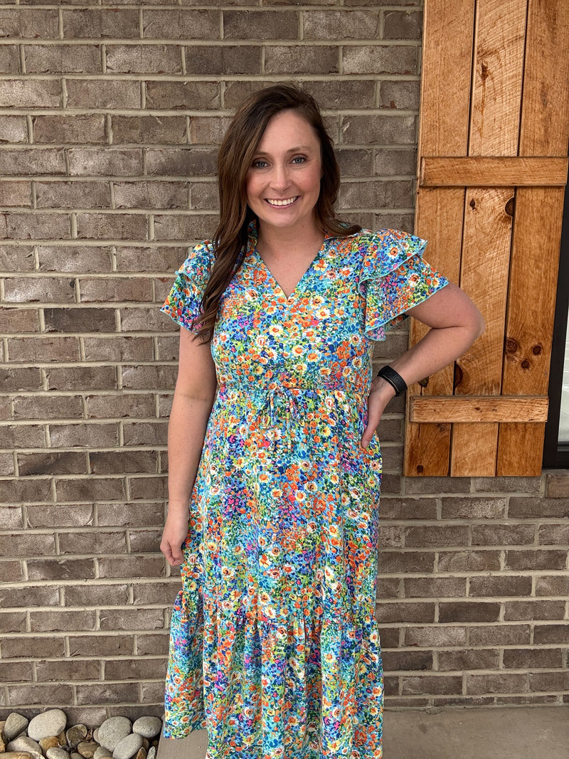 Spring Multi Color Floral Pattern Collar Neck Midi Dress