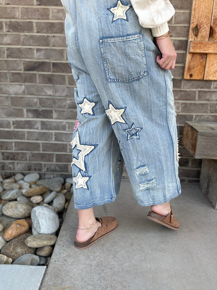 Star Patch Distressed Denim Overalls by BlueVelvet