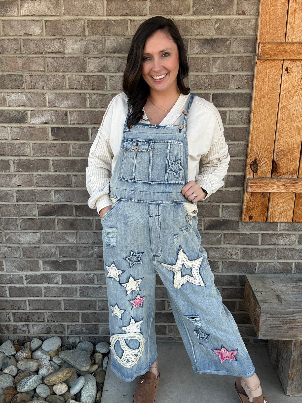 Star Patch Distressed Denim Overalls by BlueVelvet