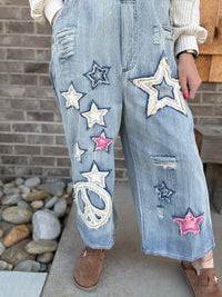 Star Patch Distressed Denim Overalls by BlueVelvet